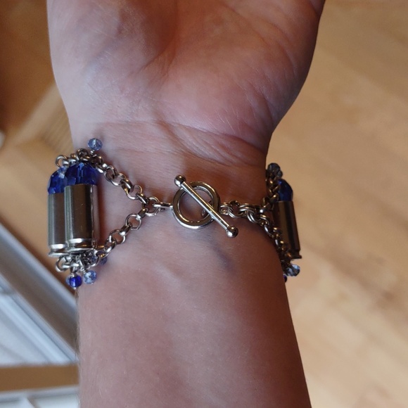 Handmade Bullet Shell Casing Bracelet With Blue Swarovski Crystals - Picture 6 of 15
